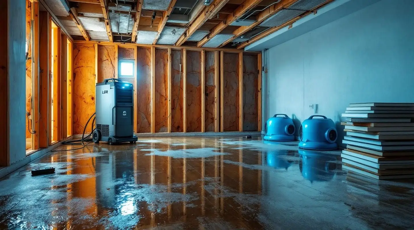 Professional water extraction equipment drying a flooded residential interior.