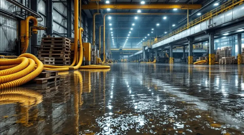 Large-scale commercial water restoration team performing industrial flood cleanup.